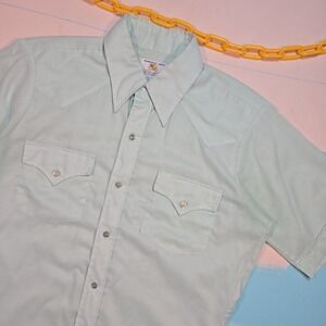 VTG Dickson Jenkins XL Western Short Sleeve Shirt Mens Mint Green USA 1970s Yoke